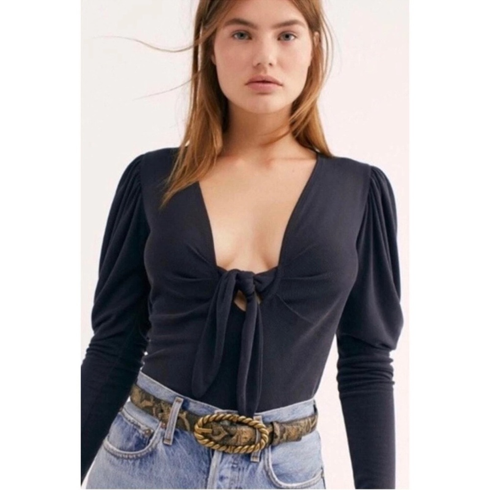 Free People Tie The Knot Top Ribbed Puffed Long Sleeves Black